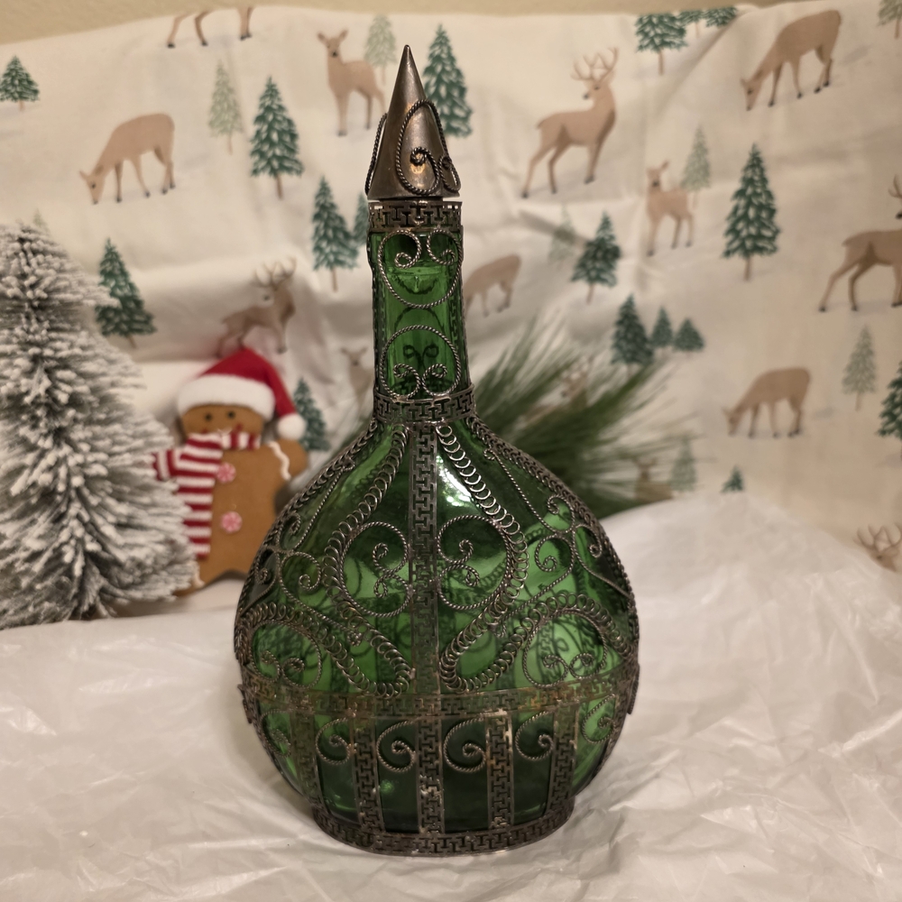Vintage Decorative Green Glass Decanter w/ Filigree Accents